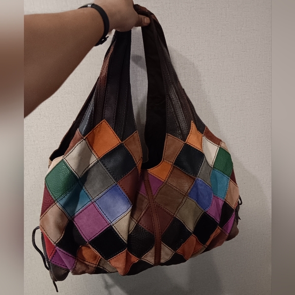 Vintage Lucky Brand Colorful Patchwork Hobo Bag Leather Tote #y2k - Picture 3 of 9